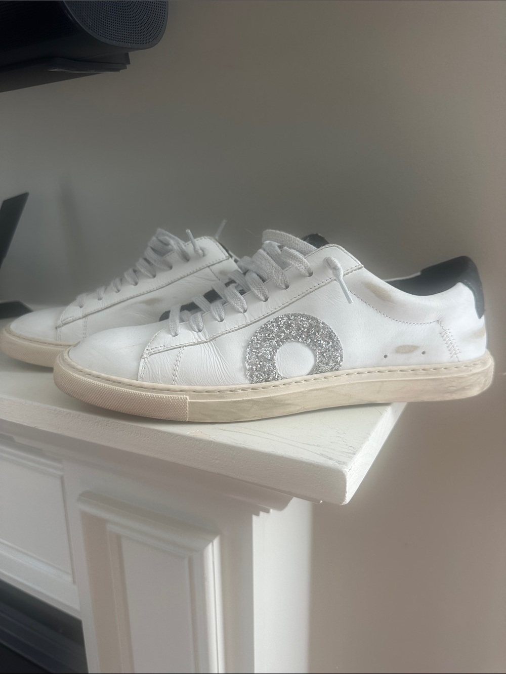 Oliver Cabell White Leather Sneakers with Silver Glitter Circle